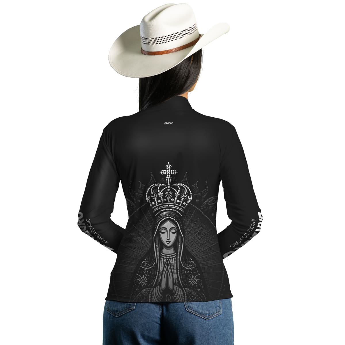 Camisa Feminina Agro Brk Feminina Preta Nossa Senhora com Proteção Solar UV50+ - Brk Agro