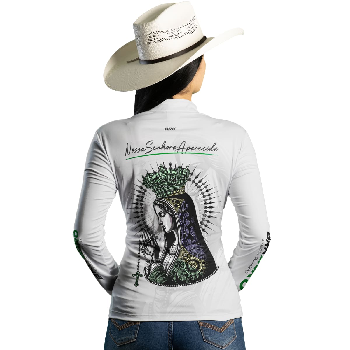 Camisa Feminina Agro Brk Feminina Branca Padroeira com Proteção Solar UV50+ - Brk Agro