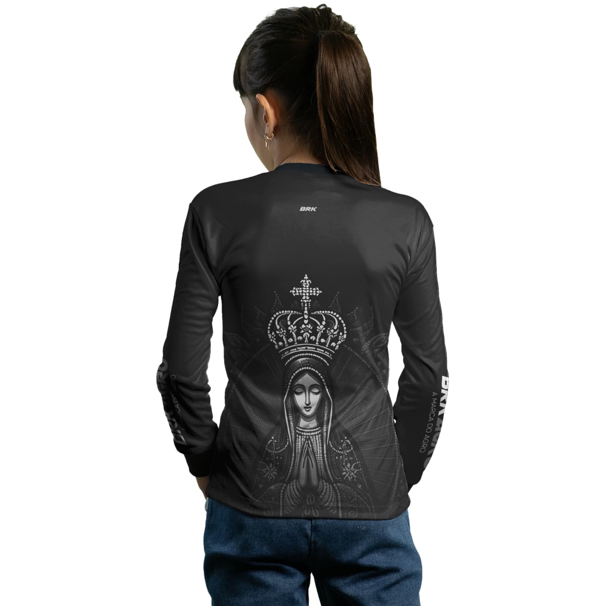 Camisa Feminina Agro Brk Feminina Preta Nossa Senhora com Proteção Solar UV50+ - Brk Agro