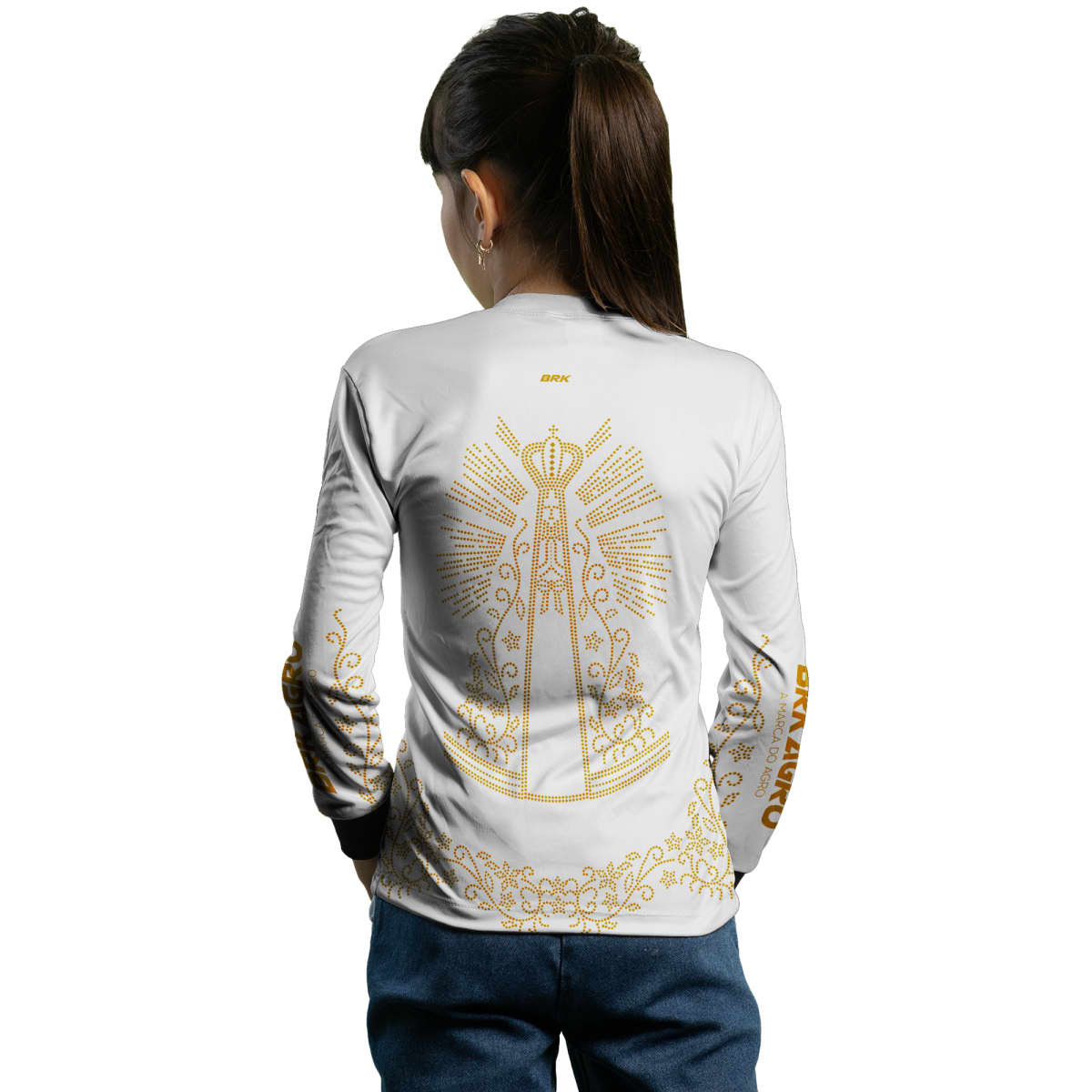 Camisa Infantil Agro Brk Feminina Nossa Senhora Strass Branca com Proteção Solar UV50+ - Brk Agro