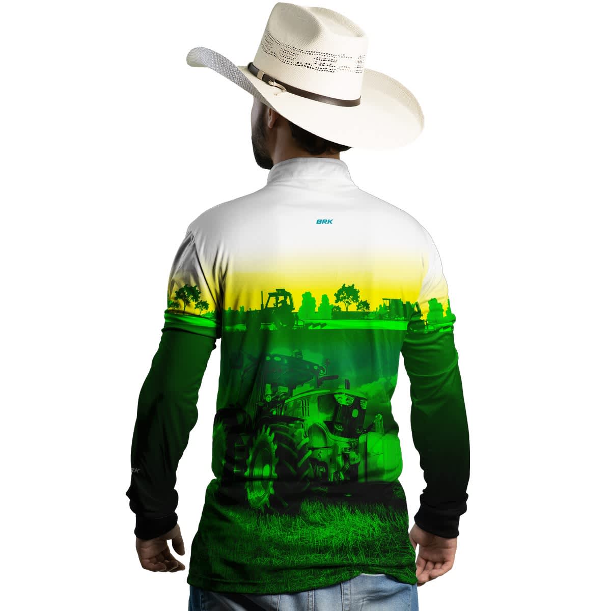 Camisa Branca com Verde Brk Agro John Deere Maquinário com Proteção Solar UV50+ - Brk Agro