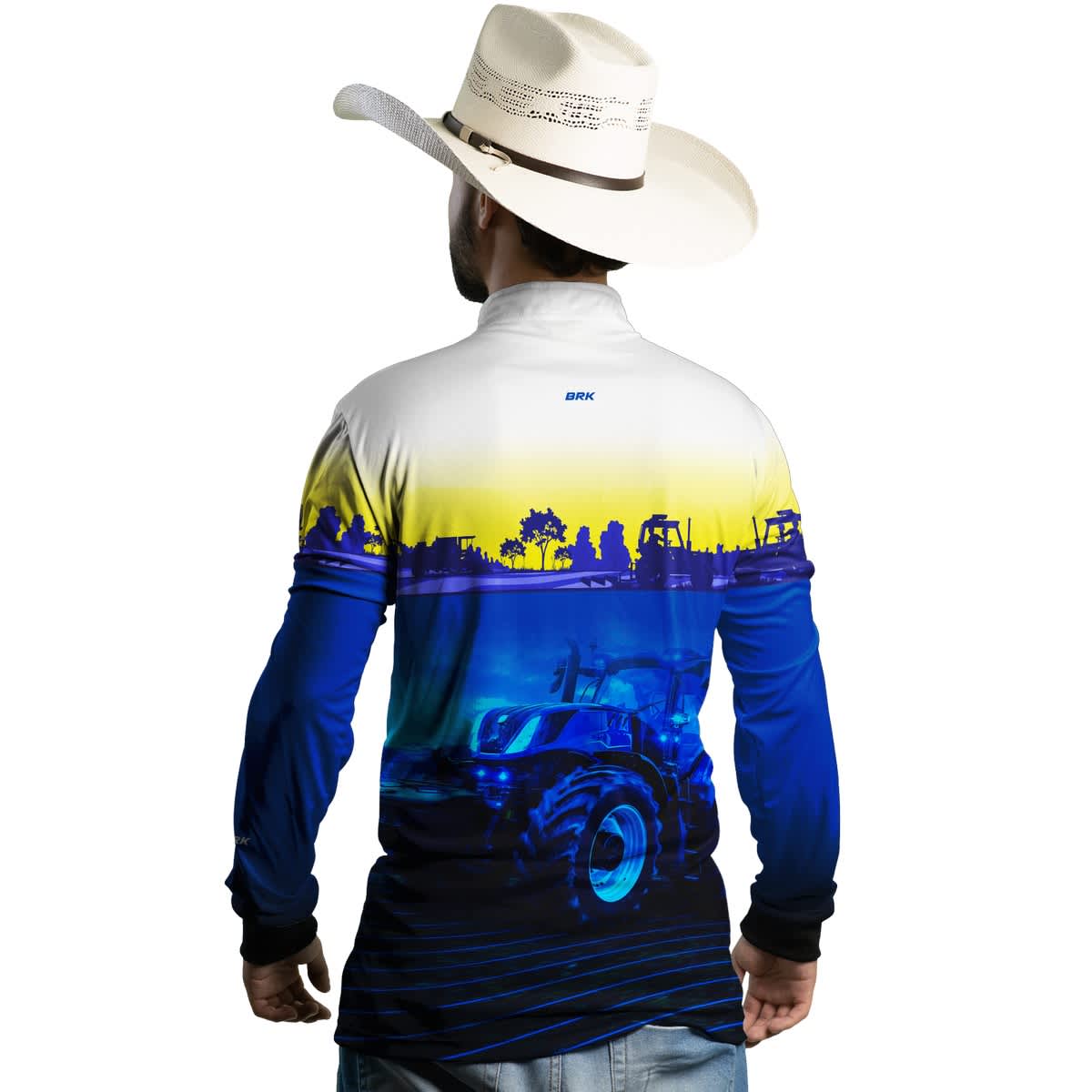 Camisa Branca e Azul Brk Agro New Holland Maquinário com Proteção Solar UV50+ - Brk Agro