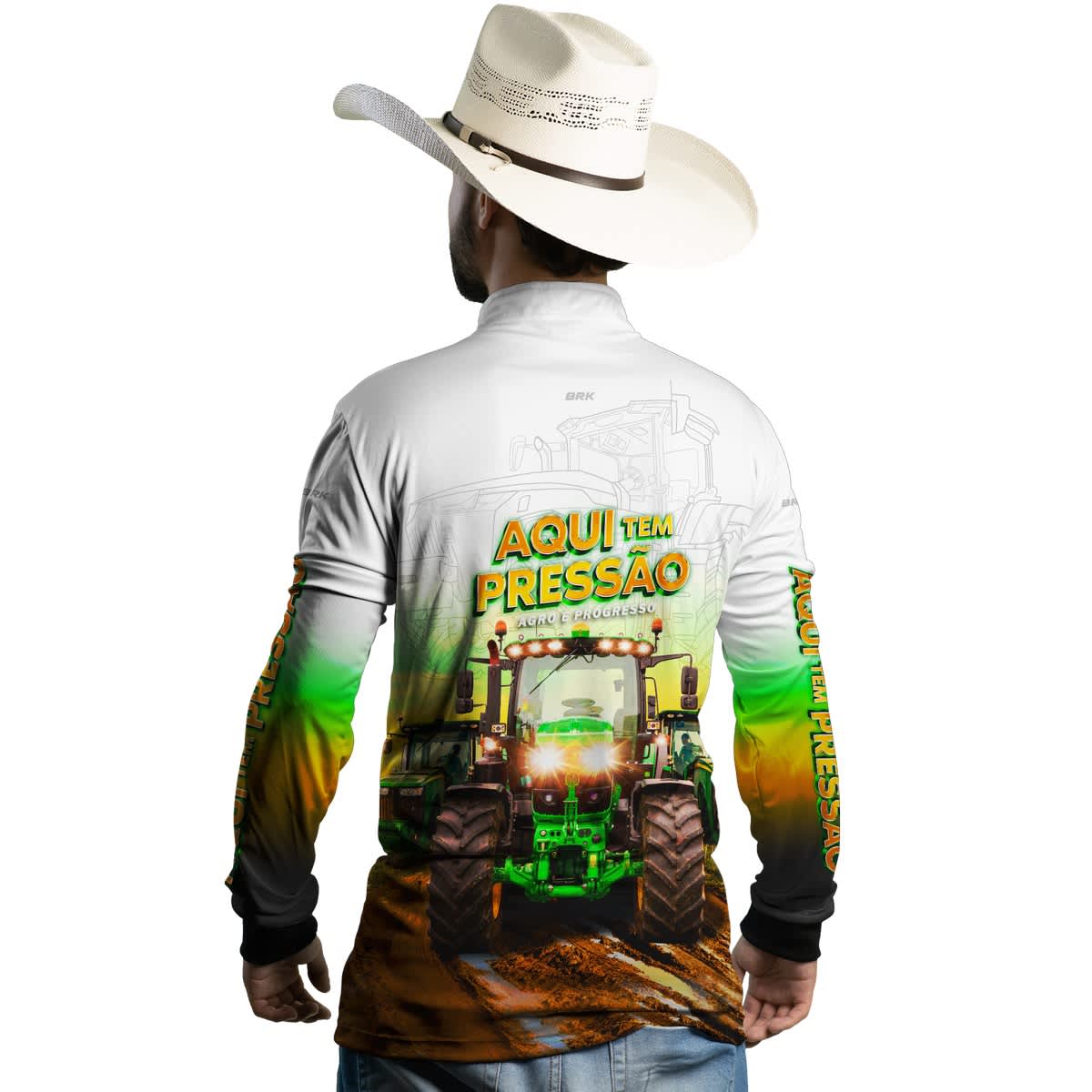 Camisa Agro Brk Trator Aqui Tem Pressão Branca com Proteção Solar UV50+ - Brk Agro