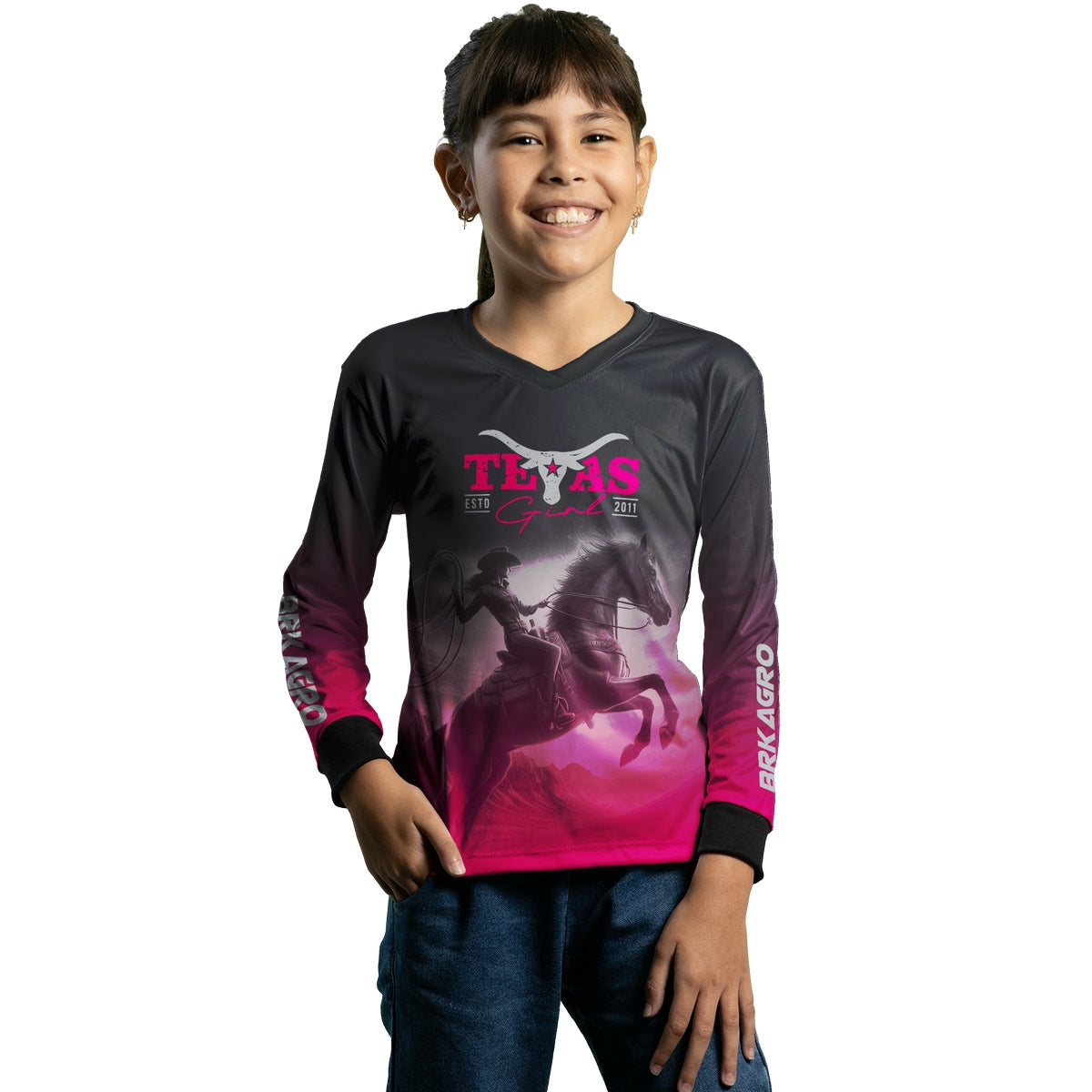 Camisa Agro Brk Feminina Texas Girl Preta e Rosa com Proteção Solar UV50+ - BRK AGRO