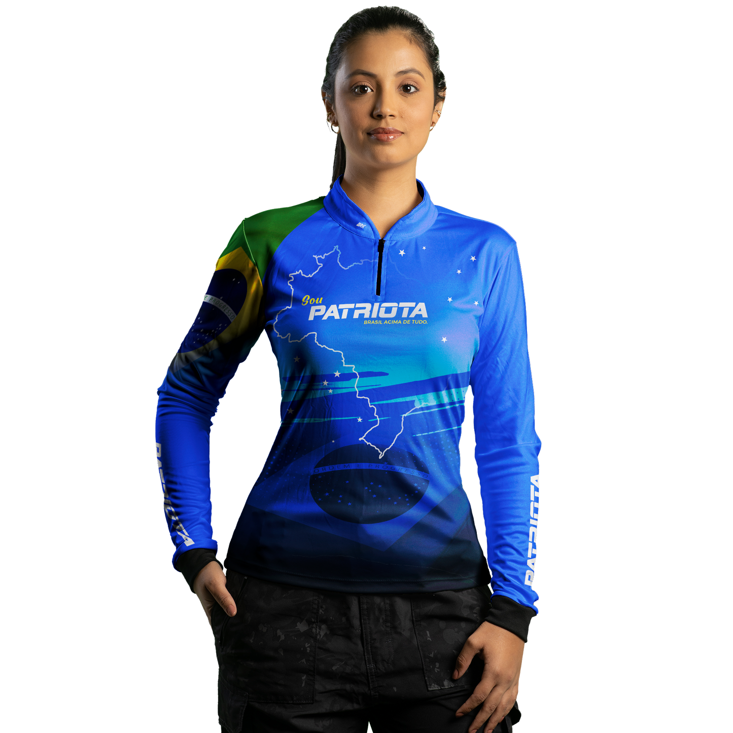 Camisa Agro Feminina Brk Básica Patriota Azul Bandeira do Brasil com Proteção UV50+