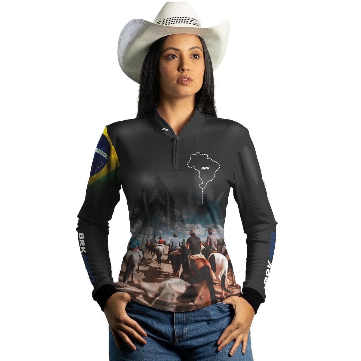 Camisa Agro Brk Cavalgada Nossa Senhora c/ Bandeira do Brasil com Proteção Solar UV50+ - Brk Agro