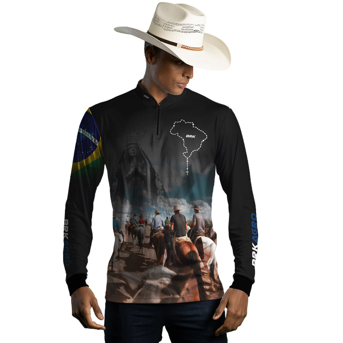 Camisa Agro Brk Cavalgada Nossa Senhora c/ Bandeira do Brasil com Proteção Solar UV50+ - Brk Agro