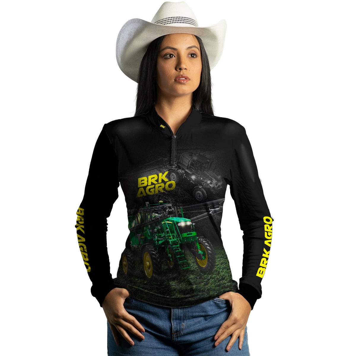Camisa Agro Feminina Brk Trator Pulverizador M4000 Escura com Proteção Solar UV50+