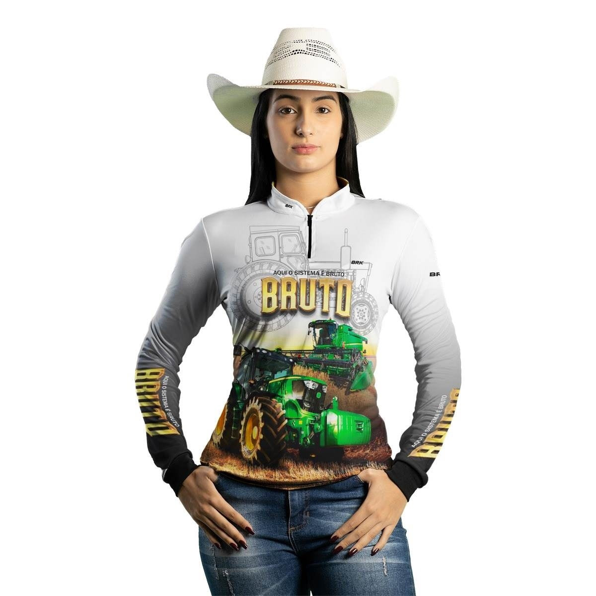 Camisa Feminina Branca Brk John Deere Aqui o Sistema é Bruto com Proteção Solar UV50+ - Brk Agro