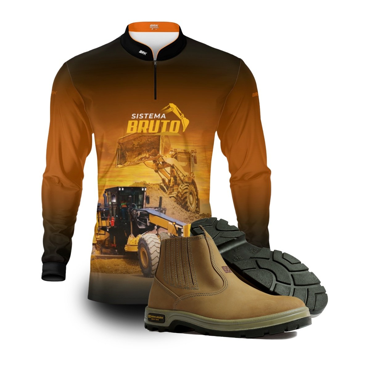 Kit Sistema é Bruto: Camisa Laranja Motoniveladora e Escavadeira + Botina Bege Agro Brk