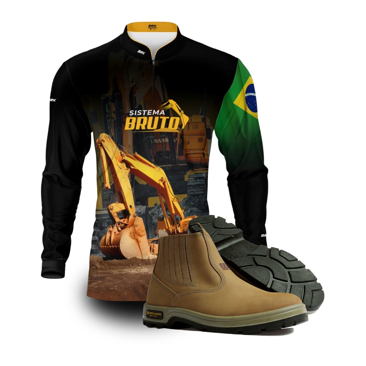 Kit Sistema é Bruto: Camisa Preta Escavadeira + Botina Bege Agro Brk