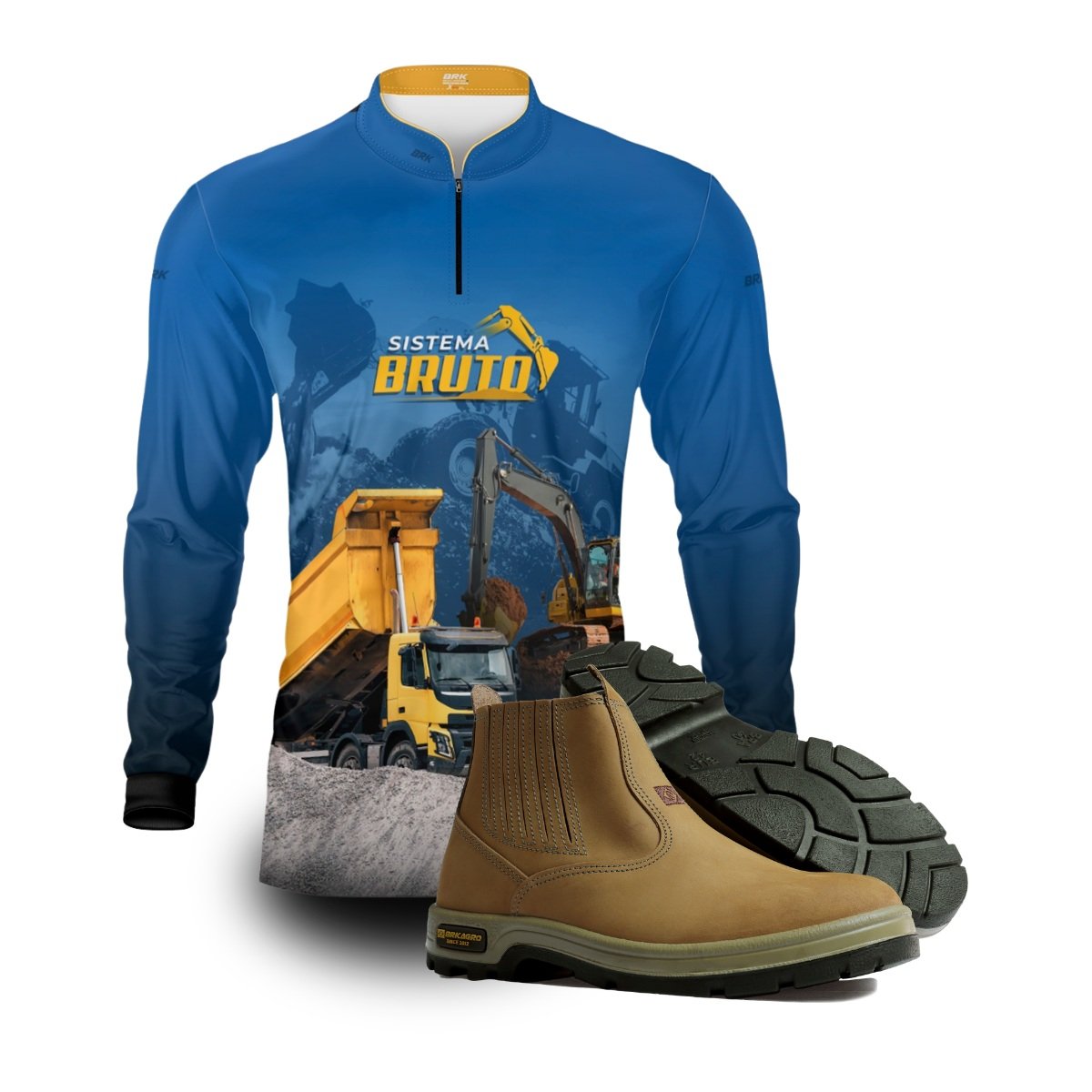 Kit Sistema é Bruto: Camisa Azul Caminhão Basculante e Retroescavadeira + Botina Bege Agro Brk