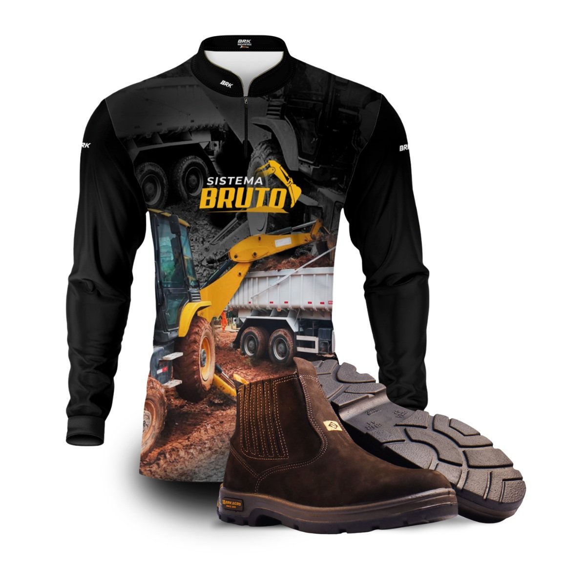 Kit Sistema é Bruto: Camisa Preta Terraplanagem + Botina Marrom Agro Brk