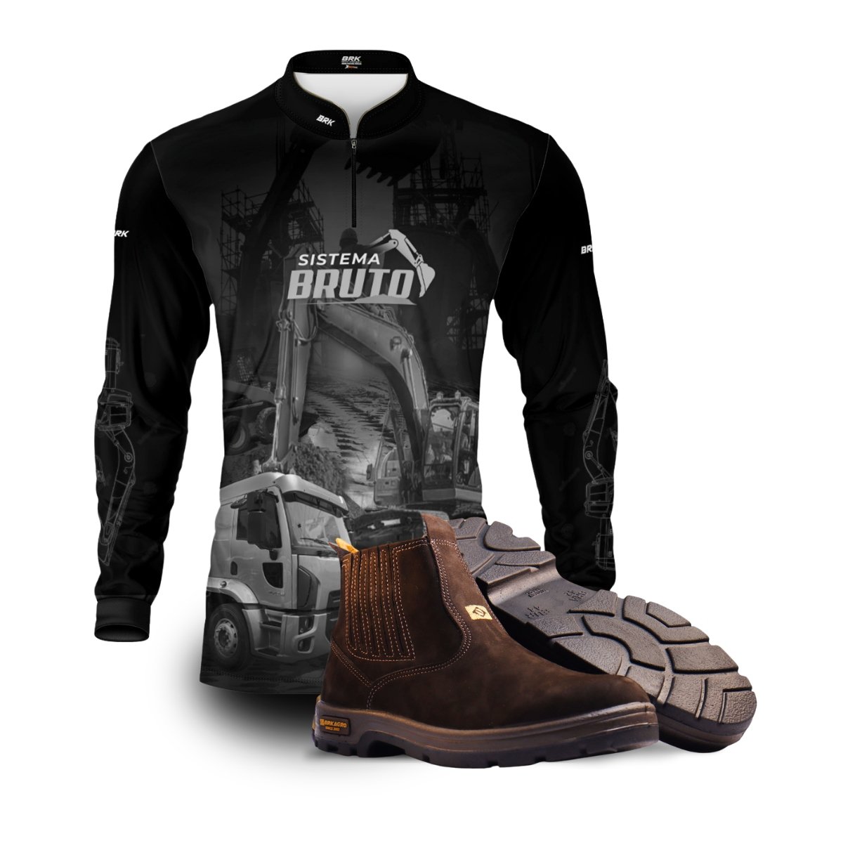 Kit Sistema é Bruto: Camisa Preto e Branco Caminhão Basculante + Botina Marrom Agro Brk