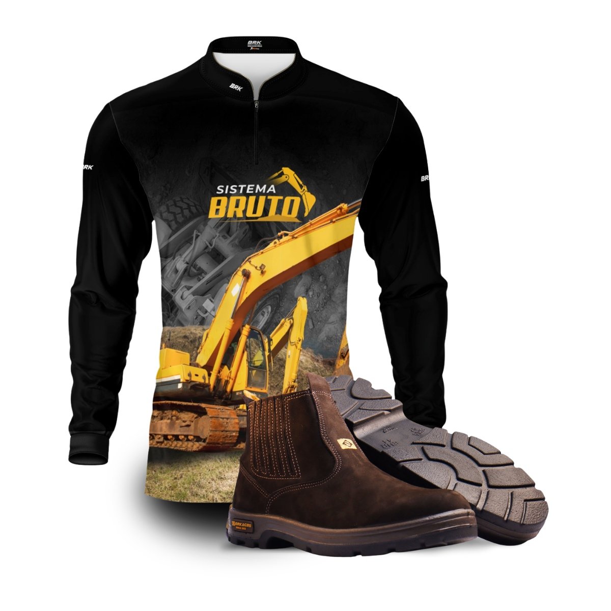 Kit Sistema é Bruto: Camisa Preto e Amarelo Terraplanagem + Botina Marrom Agro Brk