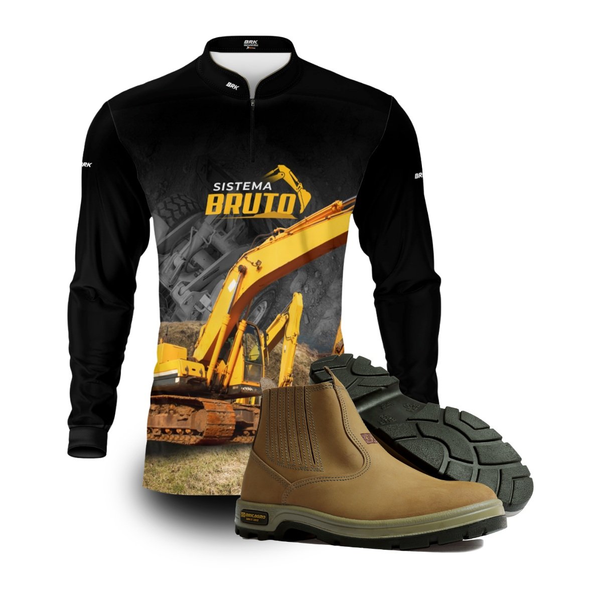 Kit Sistema é Bruto: Camisa Preto e Amarelo Terraplanagem + Botina Bege Agro Brk