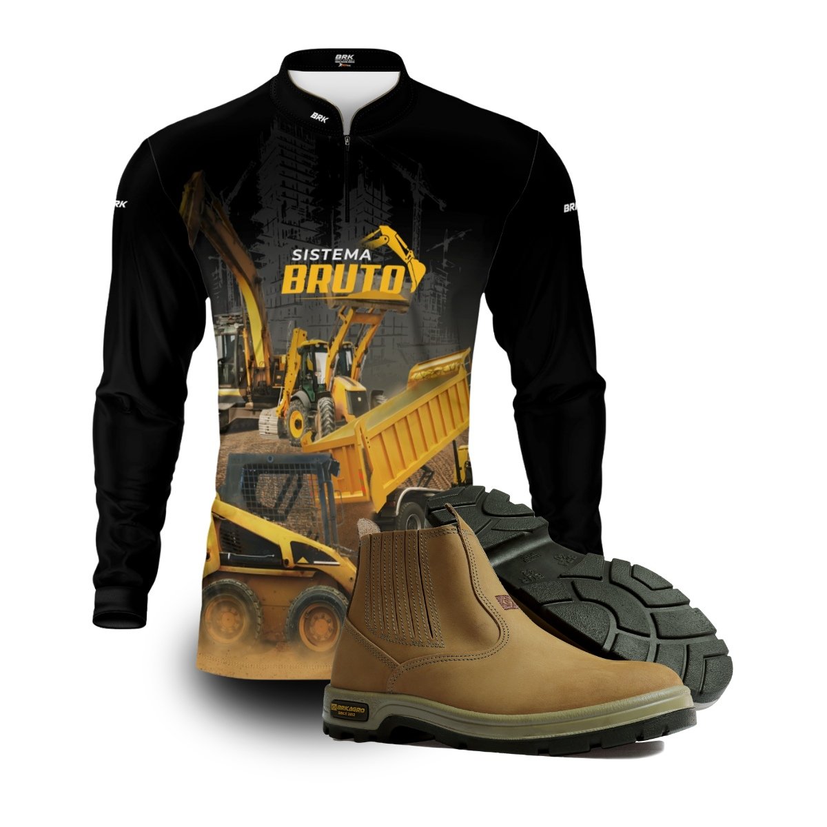 Kit Sistema é Bruto: Camisa Preta Bobcat Construção Civil + Botina Bege Agro Brk