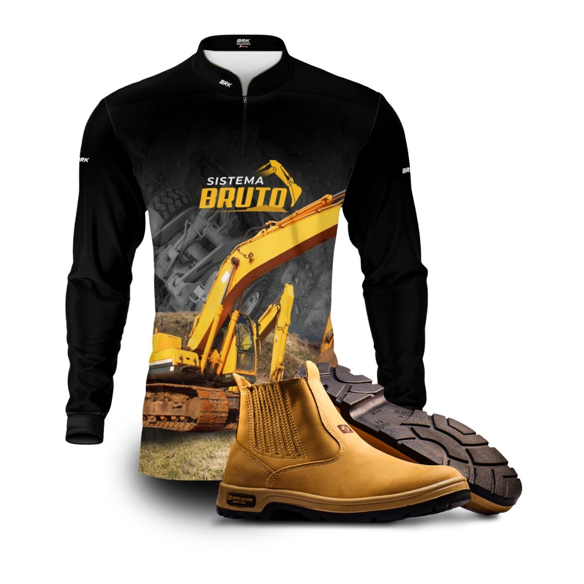 Kit Sistema é Bruto: Camisa Amarelo Terraplanagem + Botina Caramelo Agro Brk
