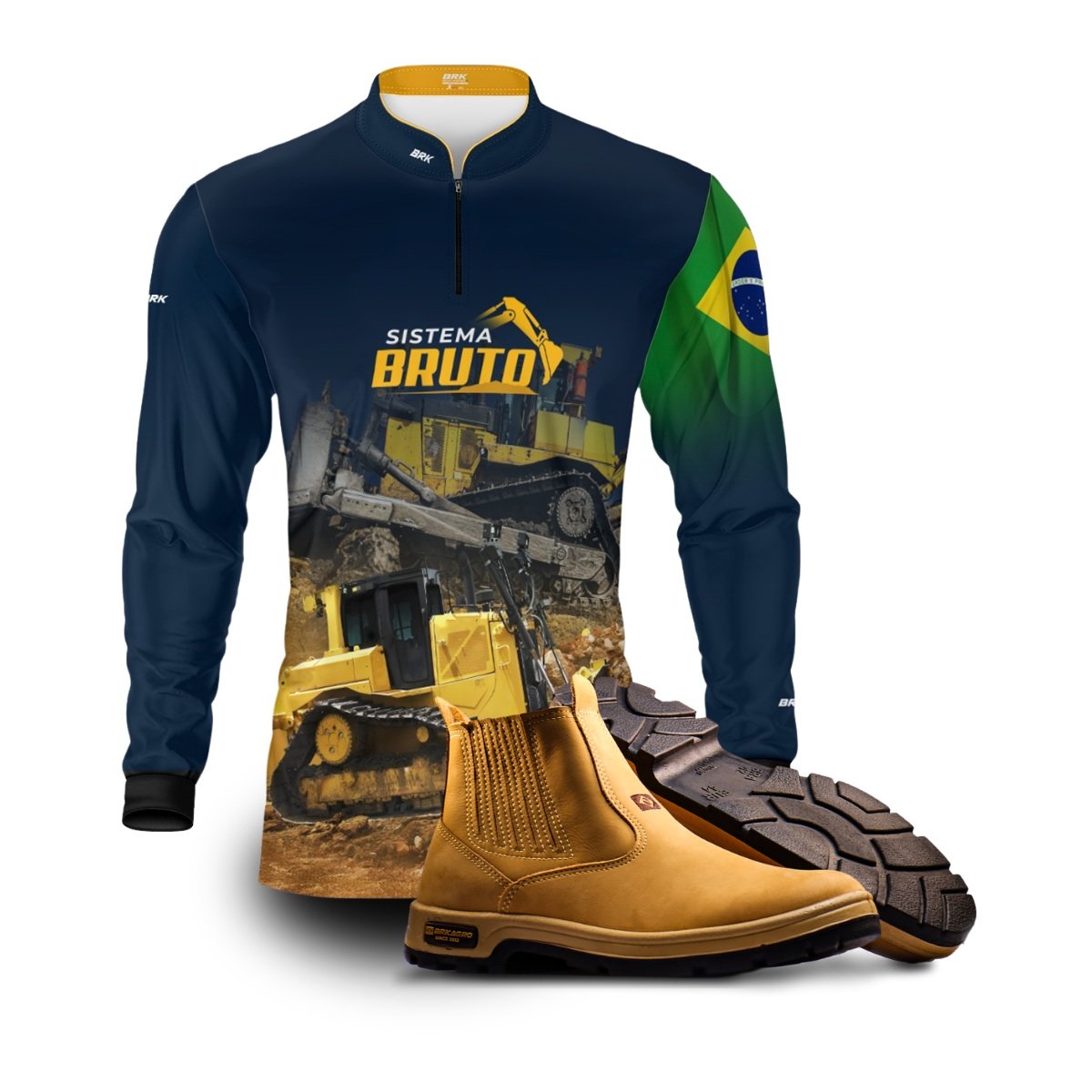 Kit Sistema é Bruto: Camisa Trator de Esteiras Bulldozer + Botina Caramelo Agro Brk
