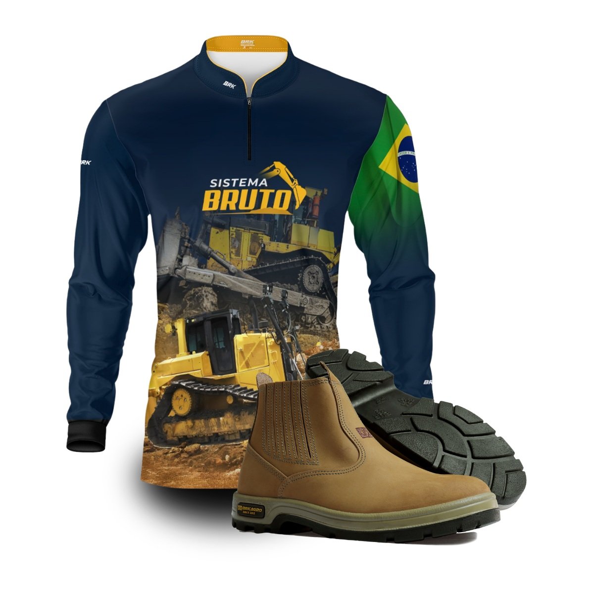 Kit Sistema é Bruto: Camisa Trator de Esteiras Bulldozer + Botina Bege Agro Brk