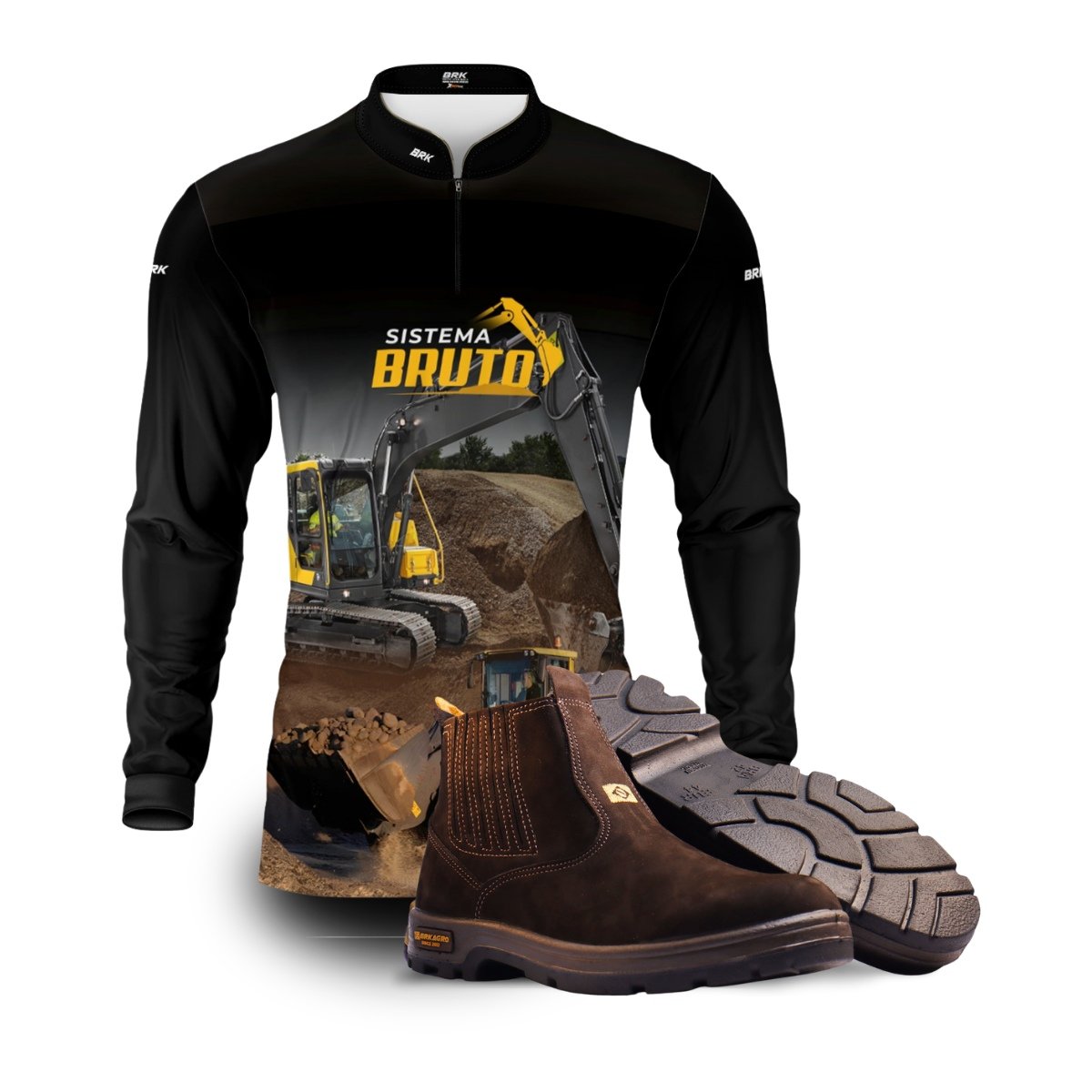 Kit Sistema é Bruto: Camisa Amarela Terraplanagem + Botina Marrom Agro Brk