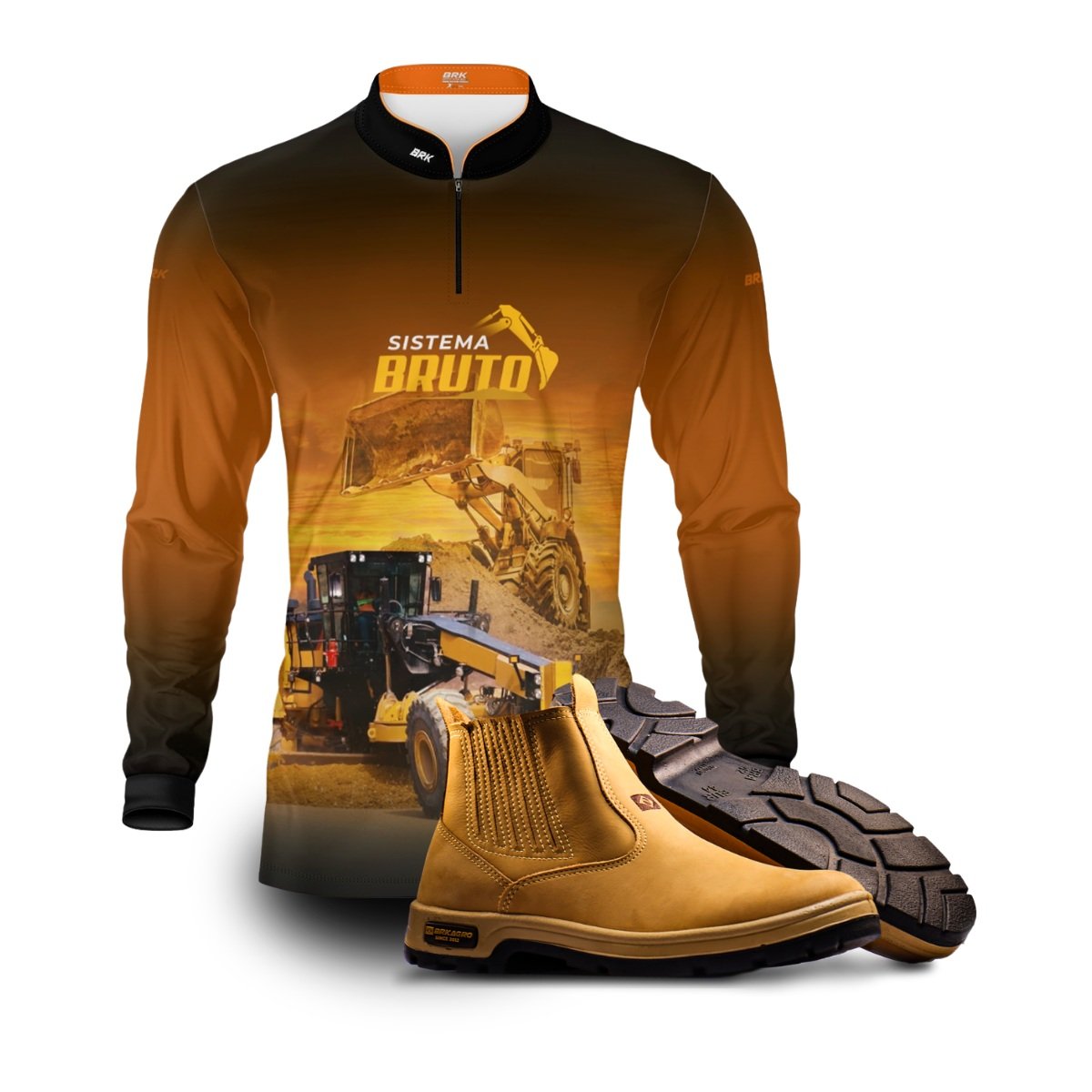 Kit Sistema é Bruto: Camisa Motoniveladora e Escavadeira + Botina Caramelo Agro Brk
