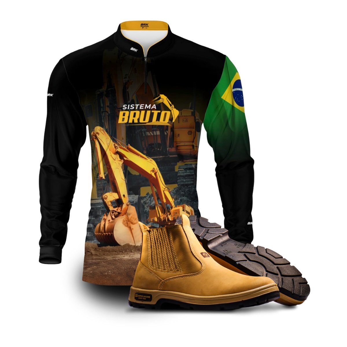 Kit Sistema é Bruto: Camisa Preta Escavadeira + Botina Caramelo Agro Brk