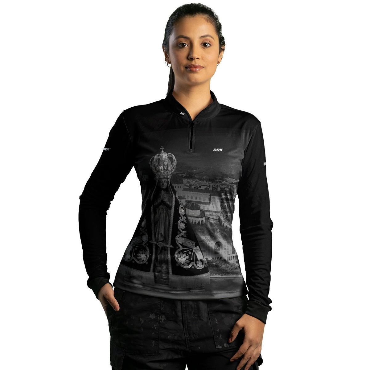 Camisa Feminina Agro Brk Preta Nossa Senhora Aparecida com Proteção Solar UV50+ - Brk Agro