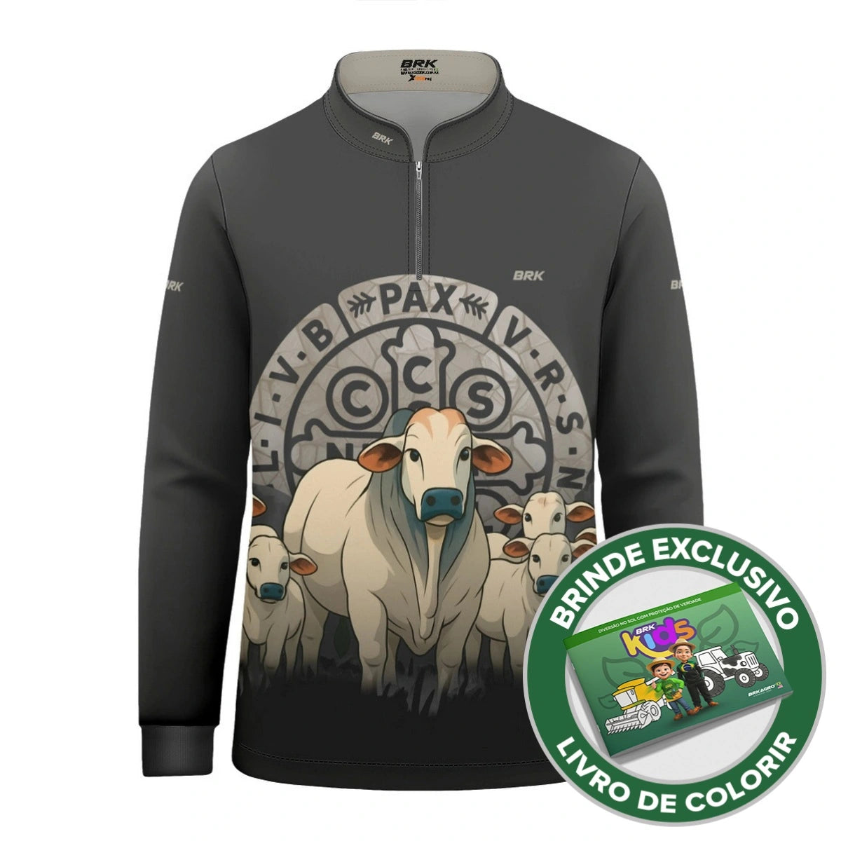 Camisa UV50 Agro Infantil Brk Medalha Sao Bento Cinza e Vaquinhas - Brk Agro