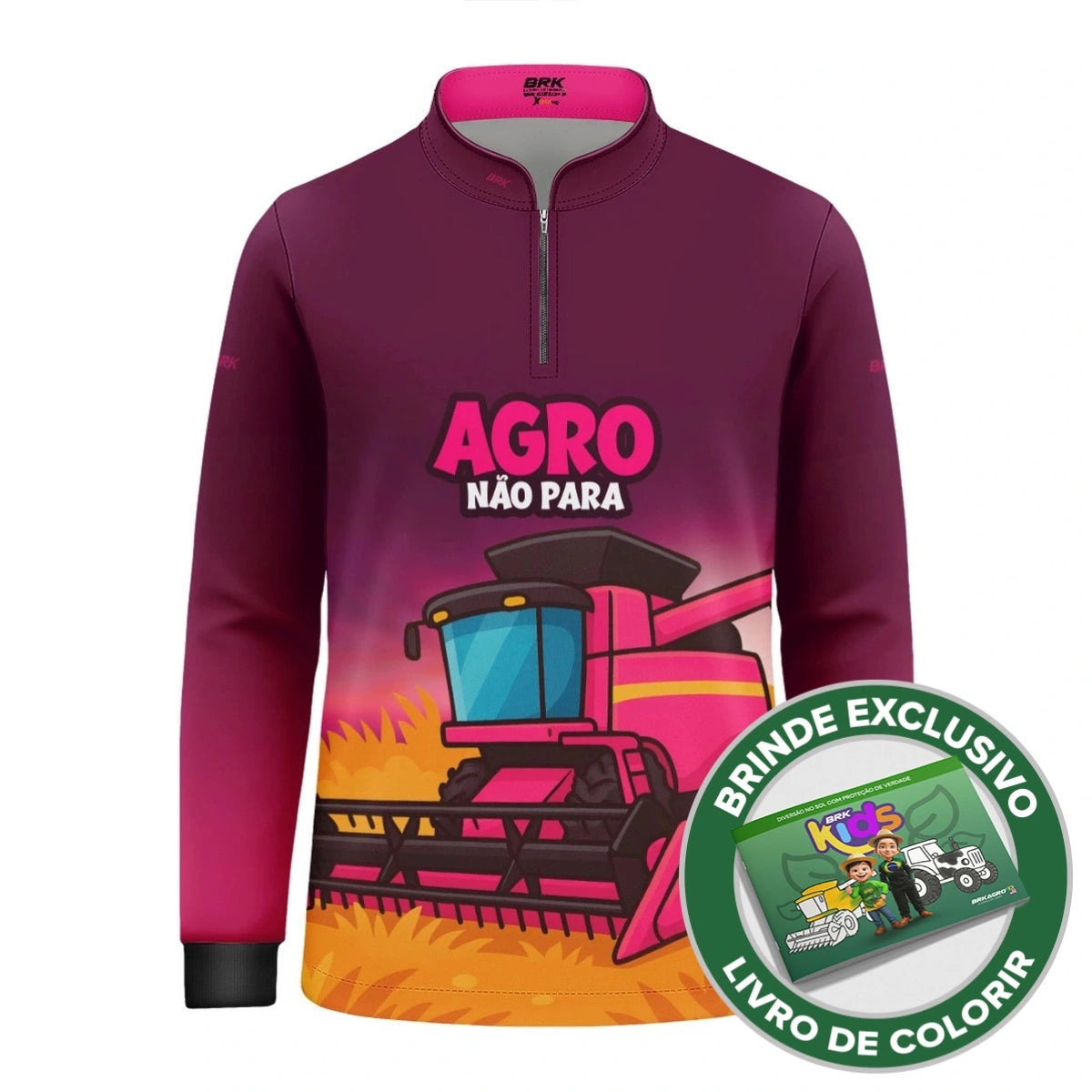 Camisa UV50 Agro Infantil Brk Colheitadeira Rosa Agro Não Para - Brk Agro