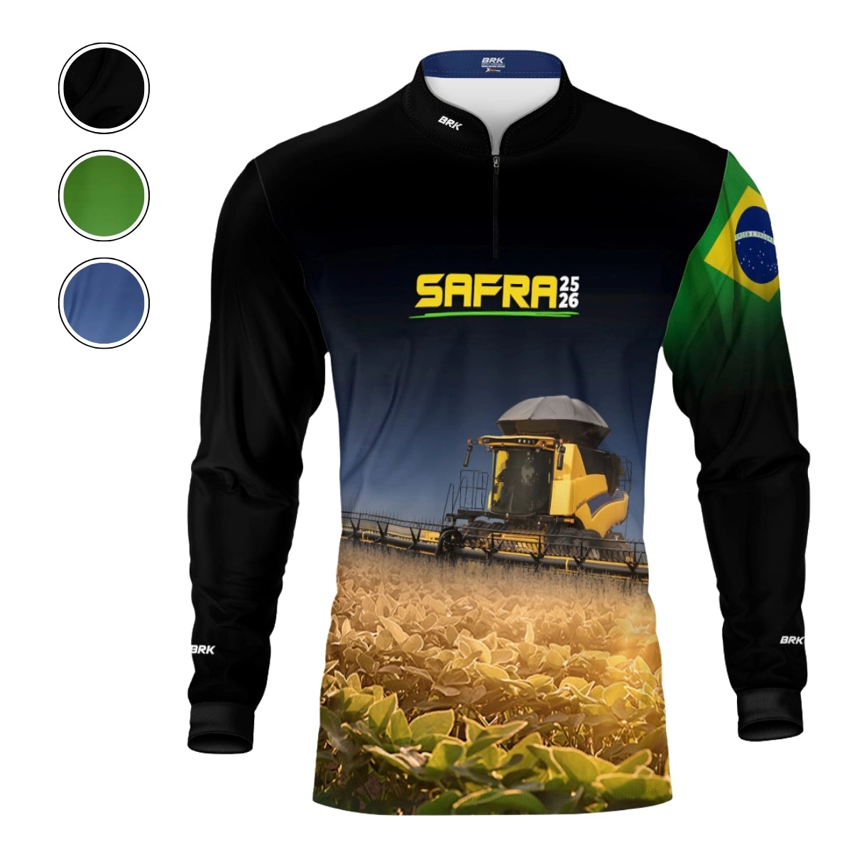 Camisa Agro Brk Safra Colheitadeira Amarela Brasil Preto com Proteção Solar UV50+