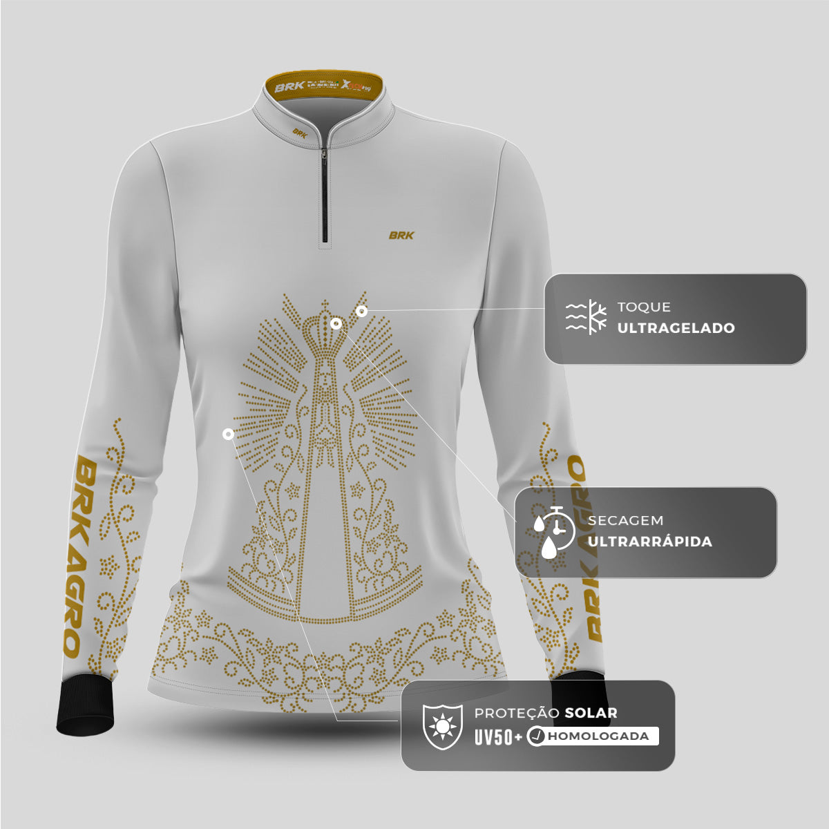 Camisa Feminina Agro Brk Nossa Senhora Strass Branca com Proteção Solar UV50+ - Brk Agro