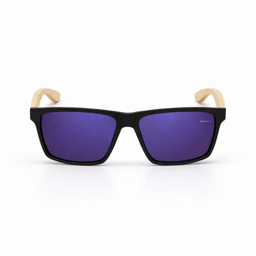 Óculos de Sol Brk Quadrado Preto com Haste em Bambu e Lente Polarizada Roxa Espelhada UV400 - Brk Agro