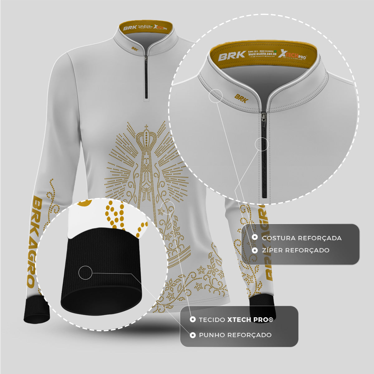 Camisa Feminina Agro Brk Nossa Senhora Strass Branca com Proteção Solar UV50+ - Brk Agro