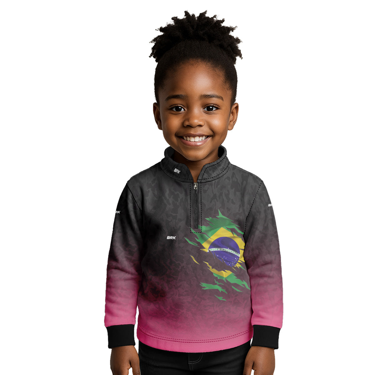 Camisa Infantil Agro Brk Camuflado Preto e Rosa Bandeira do Brasil com Proteção Solar UV50+ - Brk Agro