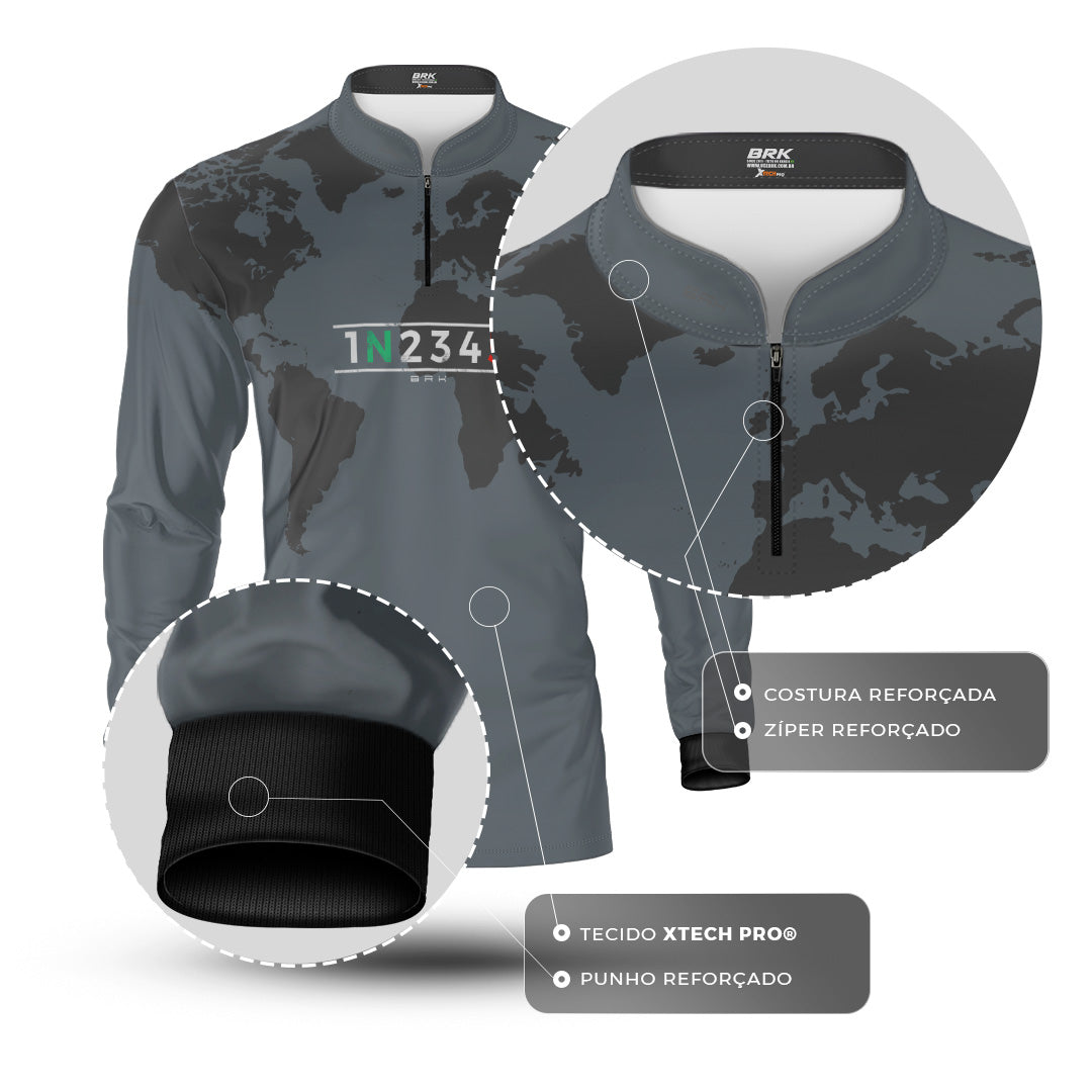 Camisa Manga Longa com Proteção UV50 Brk Cinza Mapa Mundi 5 Marchas