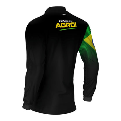 Camisa UV50 Agro Brk Eu Sou do Agro Preta Básica Bandeira do Brasil