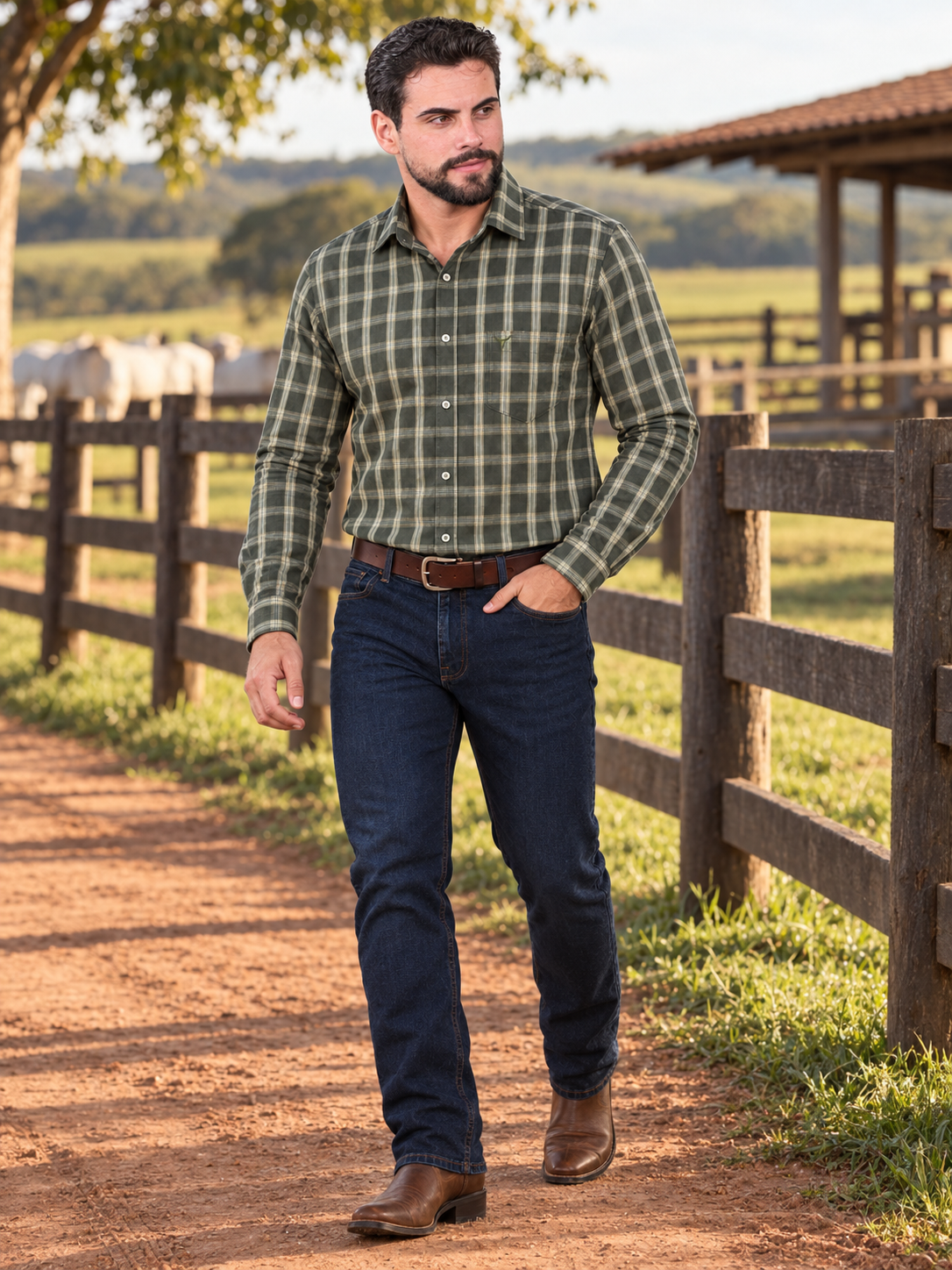 Camisa Xadrez Ranch Verde Militar - Manga Longa