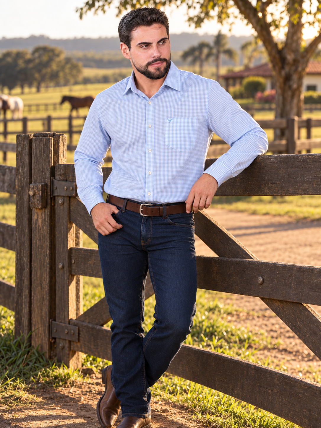 Camisa Xadrez Farm Azul Claro - Manga Longa