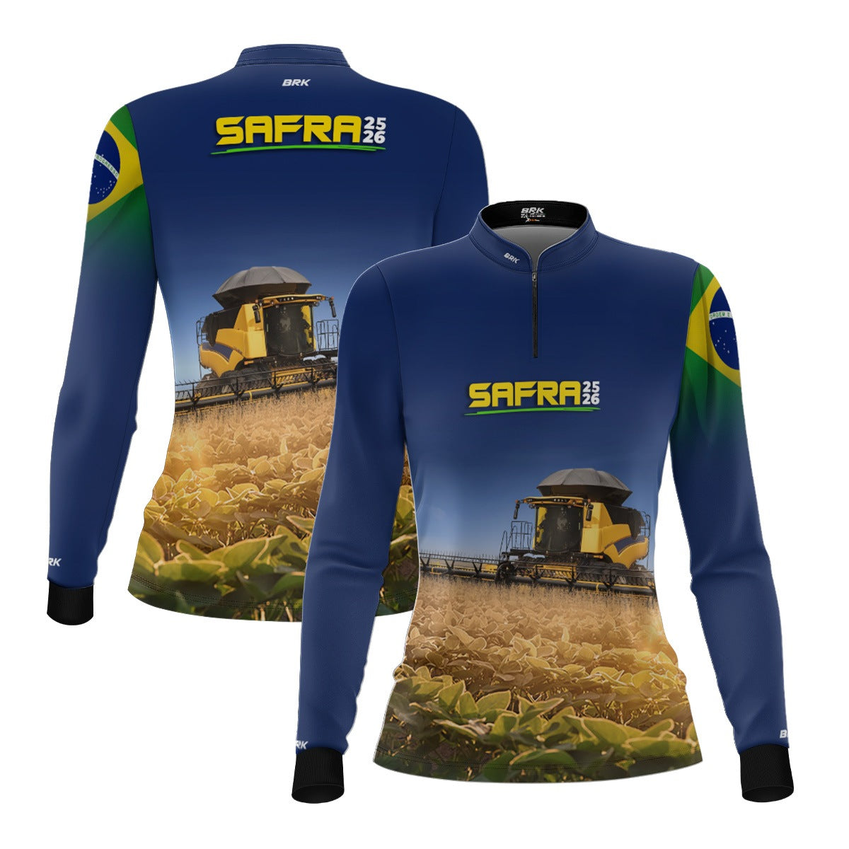 Camisa Agro Feminina Brk Safra Colheitadeira Amarela Brasil Azul com Proteção Solar UV50+ - Brk Agro