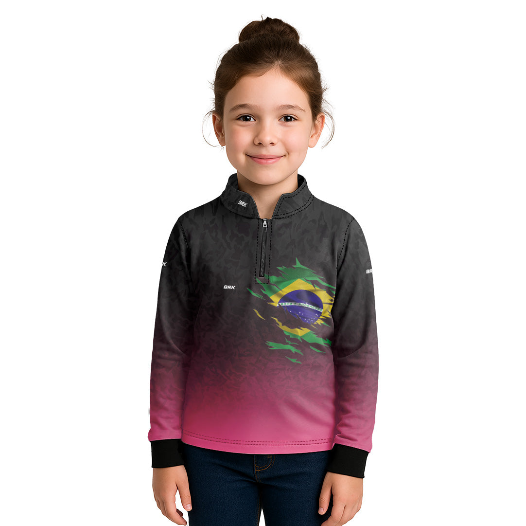 Camisa Infantil Agro Brk Camuflado Preto e Rosa Bandeira do Brasil com Proteção Solar UV50+ - Brk Agro