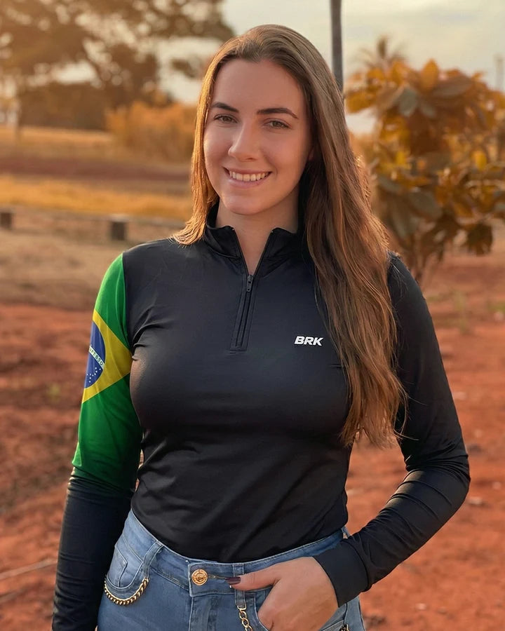 Camisa Feminina Brk Preta Bandeira do Brasil com Proteção Solar UV50 Envio Imediato