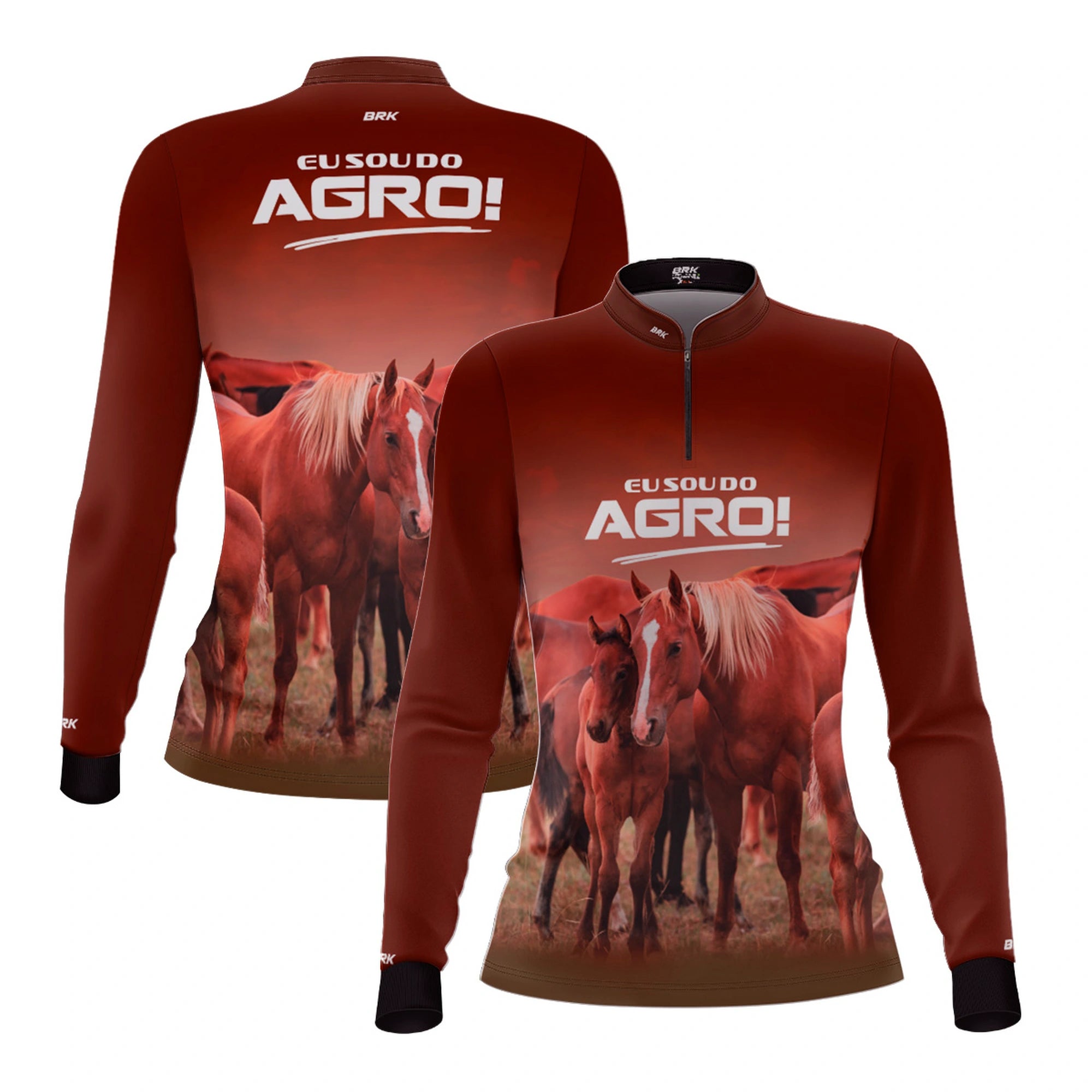 Camisa UV50 Agro Feminina Brk Eu Sou do Agro Marrom Cavalos