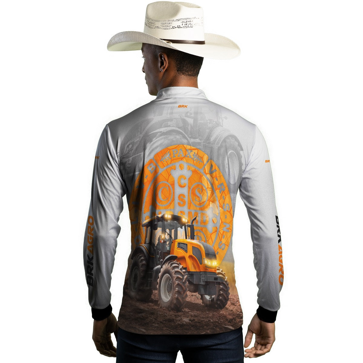 Camisa Agro Brk Trator São Bento Laranja e Branco com Proteção Solar UV50+ - BRK AGRO