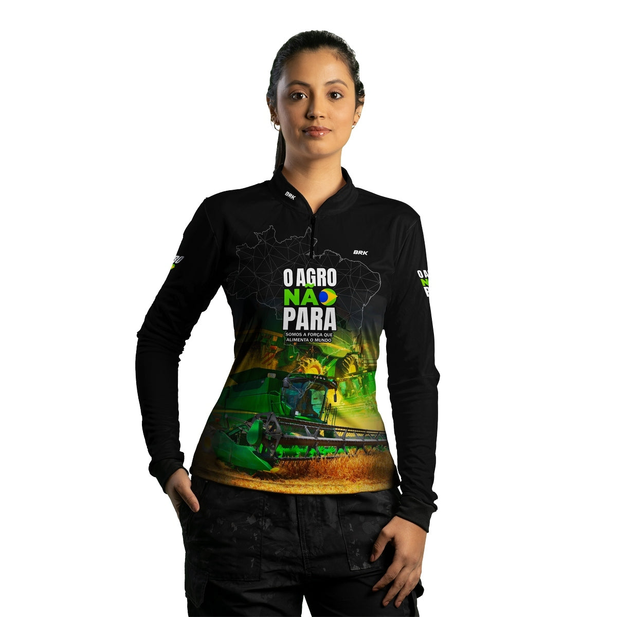Camisa Agro Feminina Brk O Agro Não Para Trator Verde com UV50+ - Brk Agro