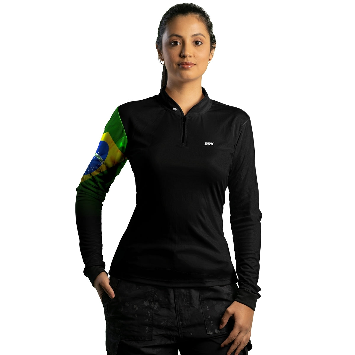 Camisa Feminina Brk Preta Bandeira do Brasil com Proteção Solar UV50 Envio Imediato - Brk Agro