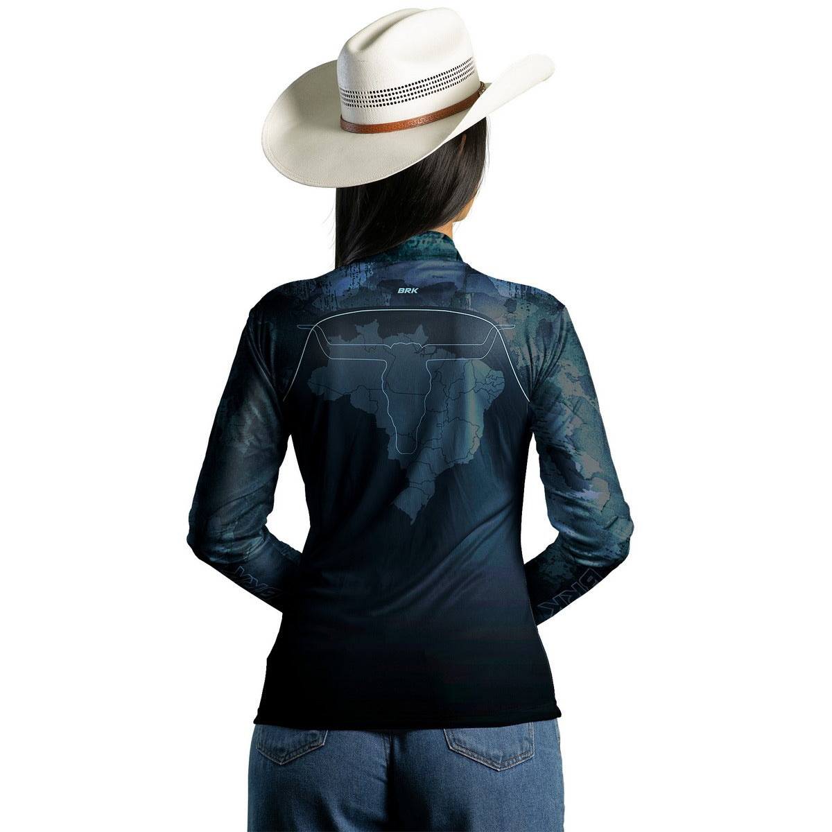 Camisa Agro Feminina Brk Camo Long Horn Brasil Azul com Proteção Solar UV50+ - Brk Agro