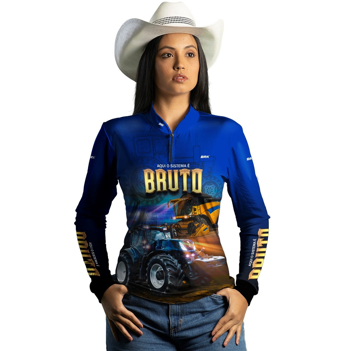 Camisa Agro Feminina Brk Sistema é Bruto Trator Azul com UV50+ - Brk Agro