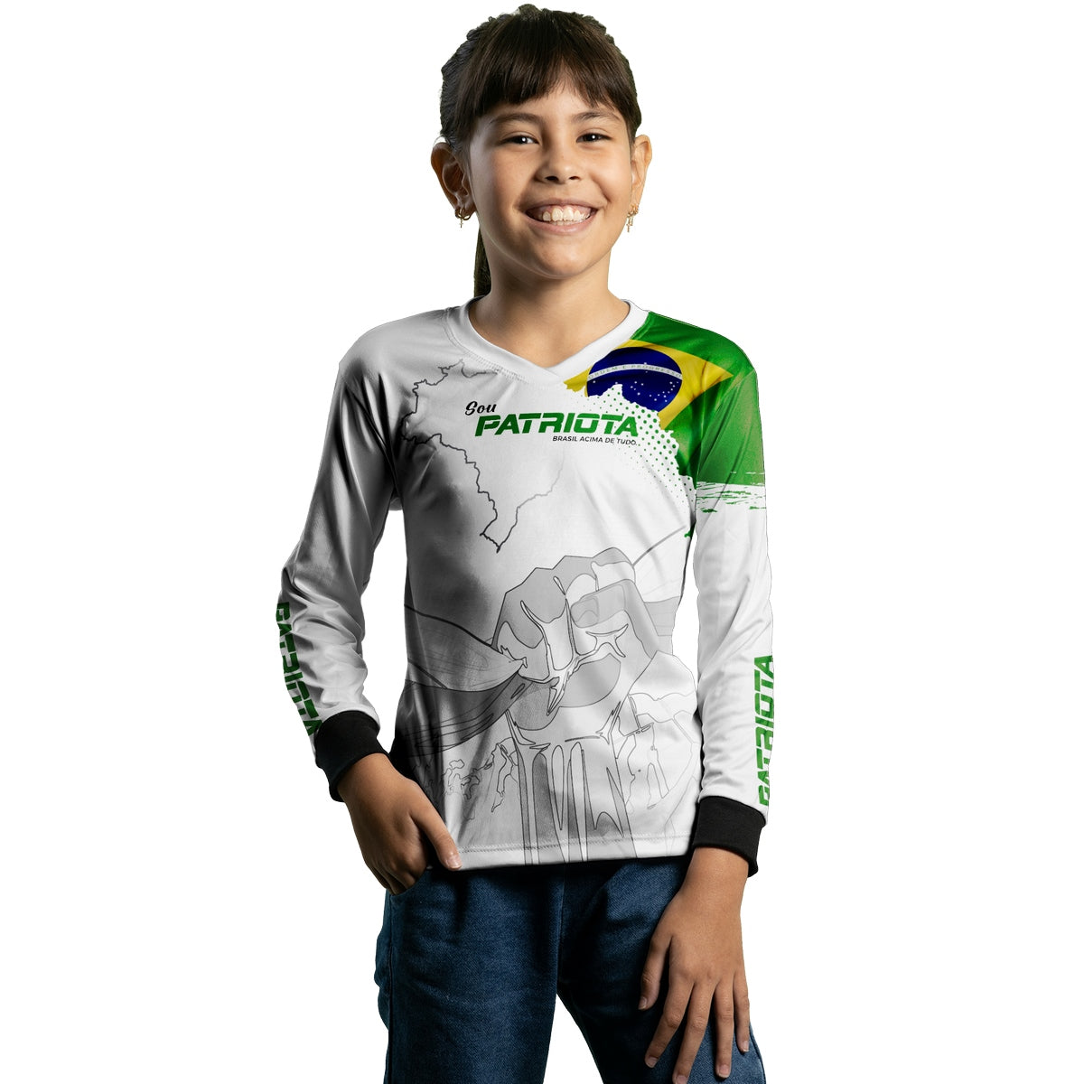 Camisa Agro Infantil Brk Básica Patriota Bandeira do Brasil Branca com Proteção UV50+ - Brk Agro