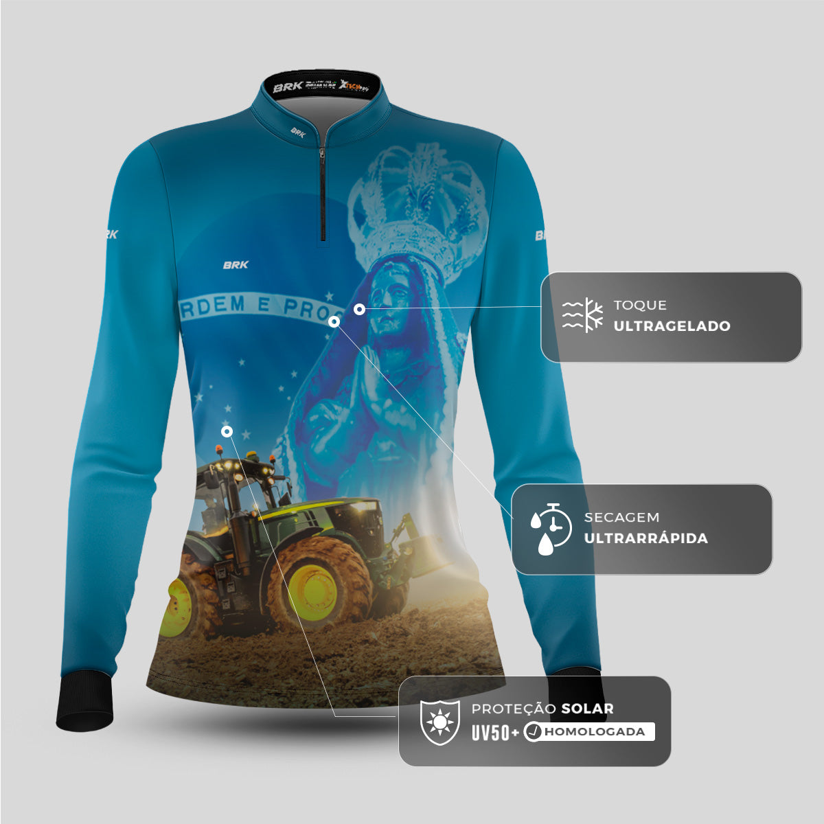 Camisa Agro Feminina Brk Padroeira Nossa Senhora com Proteção Solar UV50+ - Brk Agro